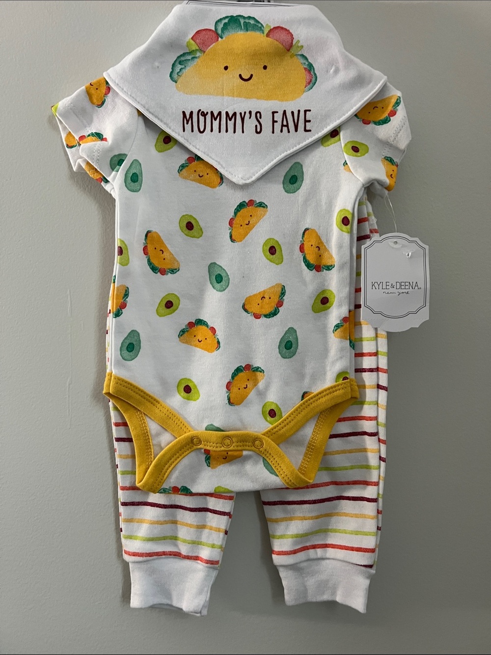 Kyle & Deena | White Yellow Taco & Avocado 3-Piece Set Onesie, Bib & Pants 0-3M